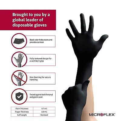 Microflex MK-296 Black Disposable Nitrile Gloves, Latex-Free, Powder-Free Glo...
