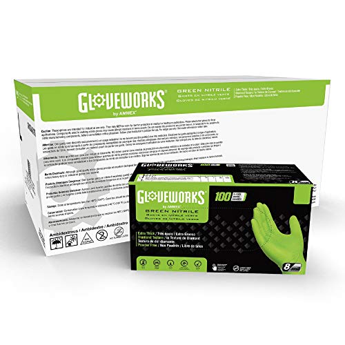 GLOVEWORKS HD Industrial Green Nitrile Gloves with Raised Diamond Texture Grip