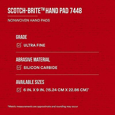 3M Scotch-Brite Ultra Fine Grade 7448B Hand Pad, Case of 60, 6 in x 9 in Hand...