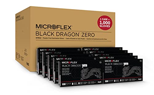 Microflex Black Dragon Zero BD-100N 5mil Disposable Nitrile Gloves w/Textured Fingertips for Automotive Aftermarket - Large, Black (Case of 1000)