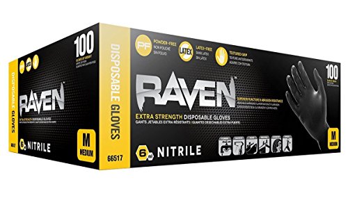 SAS Safety 66517 Raven Powder-Free Disposable Black Nitrile 6 Mil Gloves, Med.