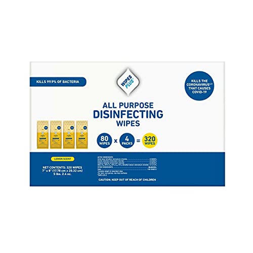 WipesPlus® All Purpose Disinfecting Wipes, 7" x 8", Lemon Scent, 4 pack of 80 Wipes/Packet-320 Wipes total