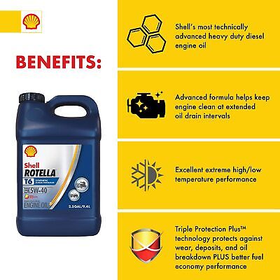 Shell Rotella T6 Full Synthetic 5W-40 Diesel Engine Oil (2.5-Gallon, Single P...