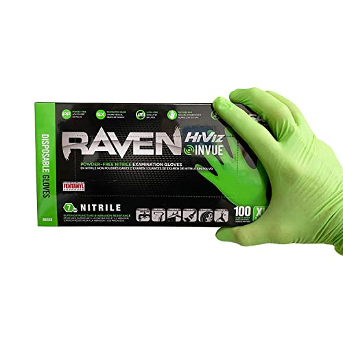 SAS Safety RAVEN HiViz Neon Green Nitrile Gloves (formerly Derma VUE), Size X-LARGE, 7 MIL, Powder Free - 10 Boxes of 100 Gloves By Weight (1000 Count)