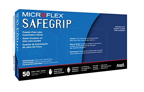 Microflex SG-375 Disposable Latex Gloves Medical / Exam Grade, Long Cuff, Thick Powder Free Glove in Natural Rubber for Cleaning, Sanitary or Mechanic Tasks, Blue, Size Large, Box of 50 Units