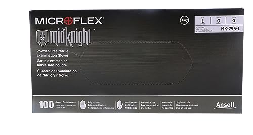 Ansell MK-296-L Microflex Midknight Powder Free Nitrile Exam Glove, Black, Large, Pack of 1000