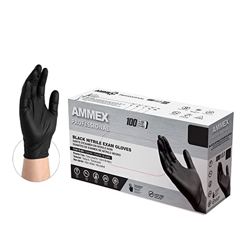 AMMEX Black Nitrile Exam Gloves, Box of 100, 3 Mil, Size Small, Latex Free, Powder Free, Textured, Disposable, Non-Sterile, Food Safe, ABNPF42100BX