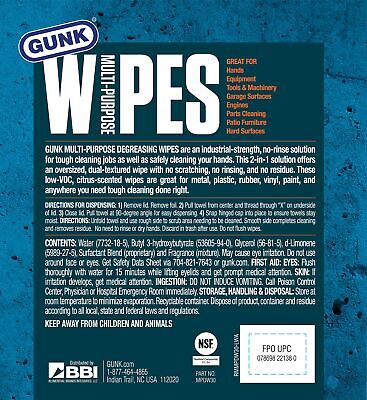 GUNK MPDW30 Multi-Purpose Degreasing Wipes 30-Count 8 x 12 inch 2-Sided Smoot...