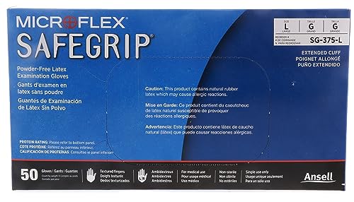 Microflex SG-375-L Safegrip Exam Gloves, PF Latex, Textured, Extended Cuff, Blue, Large, 50 per Box; 10 Box per Case (Pack of 500)