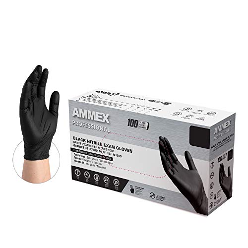 AMMEX Black Nitrile Exam Gloves, Box of 100, 3 Mil, Size X-Large, Latex Free, Powder Free, Textured, Disposable, Non-Sterile, Food Safe, ABNPF48100-BX