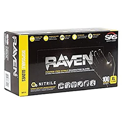 SAS Safety Raven - Nitrile Exam Powder Free Gloves 6 Mil- Case Size X-Large, Black