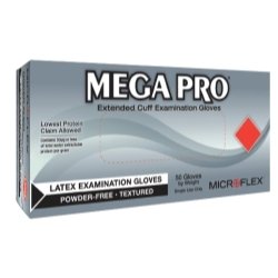 MEGA PROÂ Latex Extended Cuff Examination Gloves, Box of 50, Size Medium