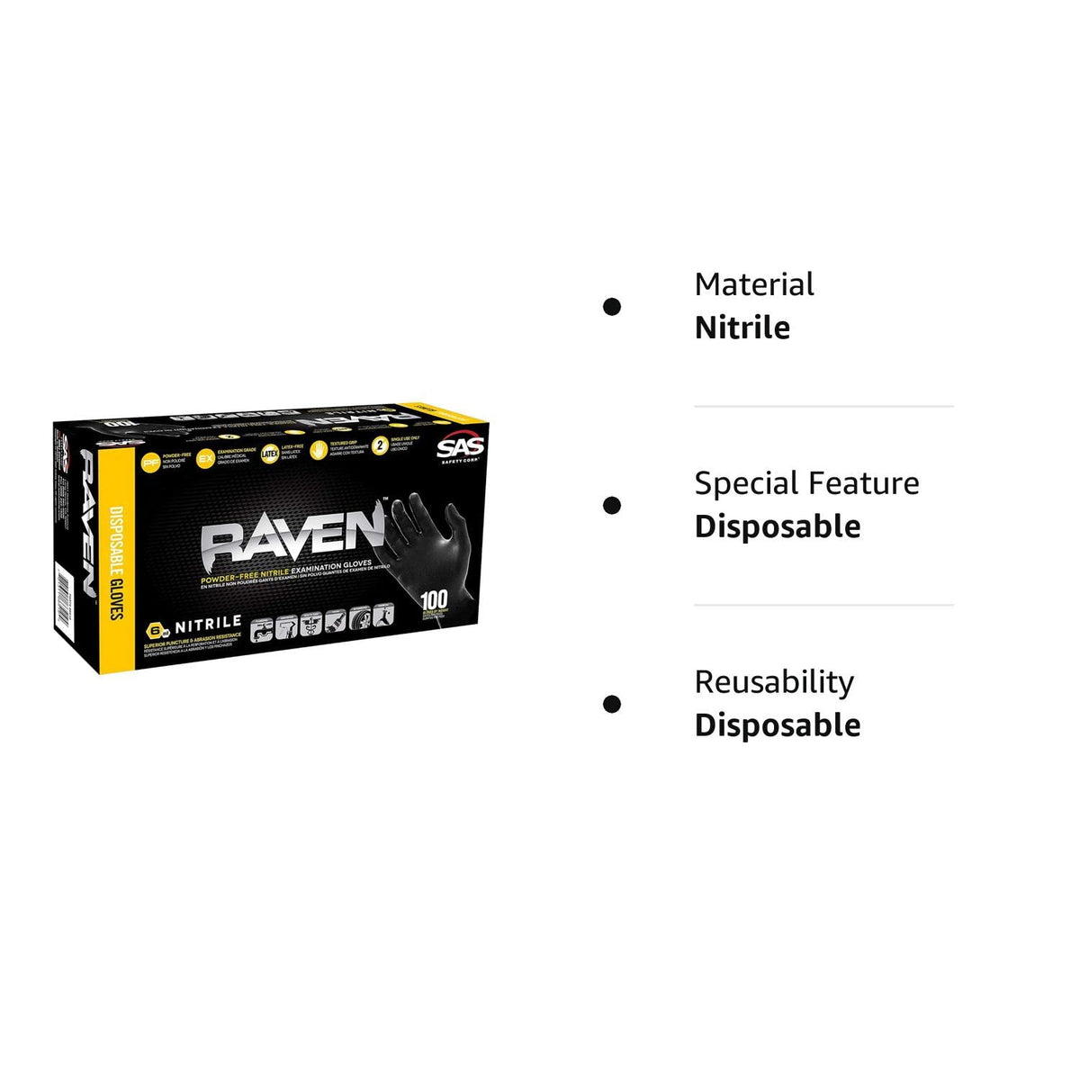 SAS Safety 66520 Raven Powder-Free Disposable Black Nitrile 6 Mil Gloves, Dou...
