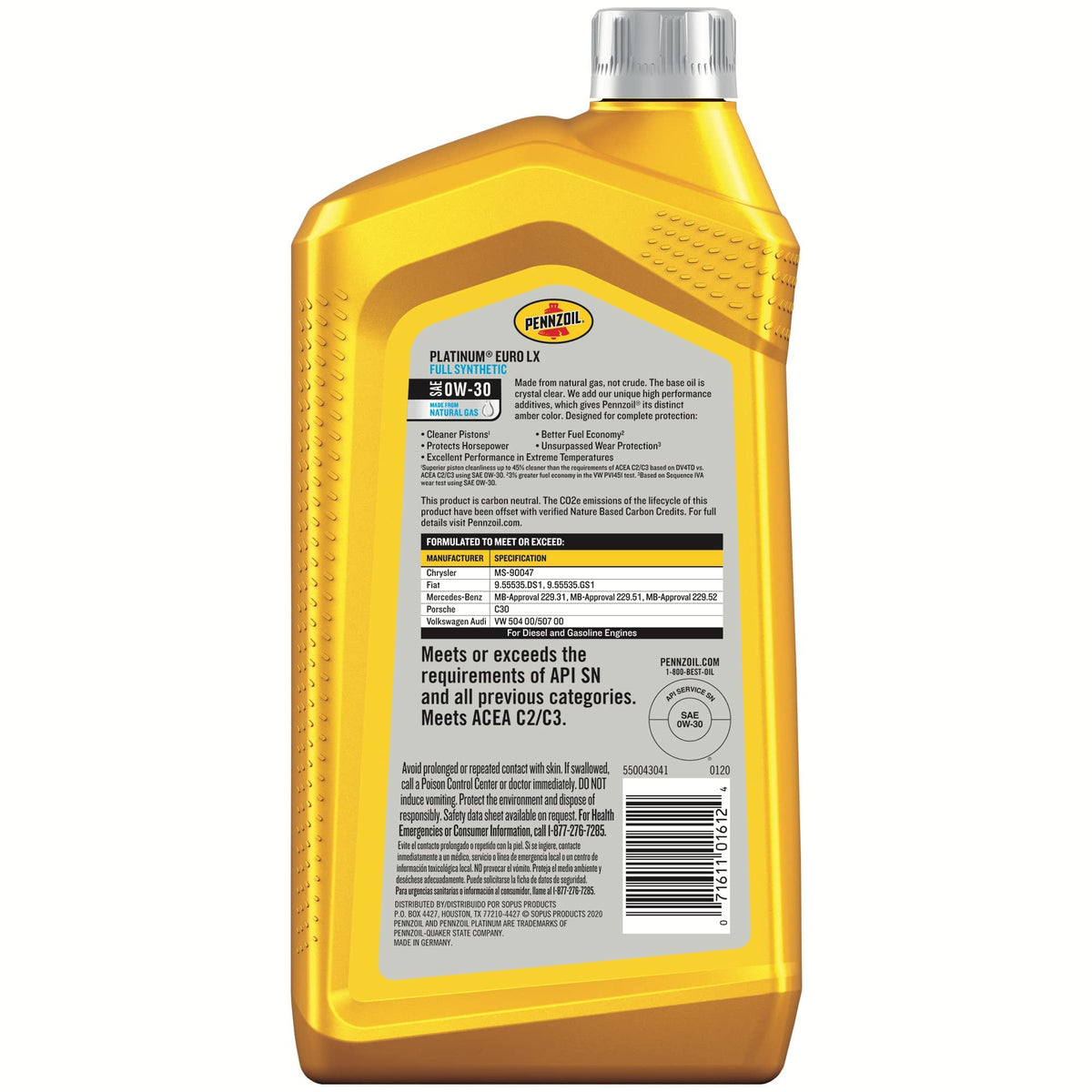 Pennzoil Platinum Euro LX Full Synthetic 0W-30 Motor Oil (1-Quart, Case of 6)