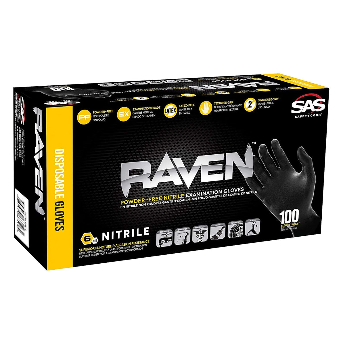 SAS Safety 66520 Raven Powder-Free Disposable Black Nitrile 6 Mil Gloves, Dou...